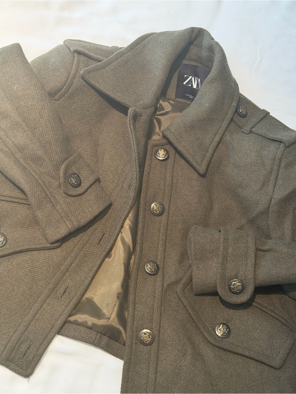 Zara women’s Olive Wool Blend Military-Style crop Coat sz S